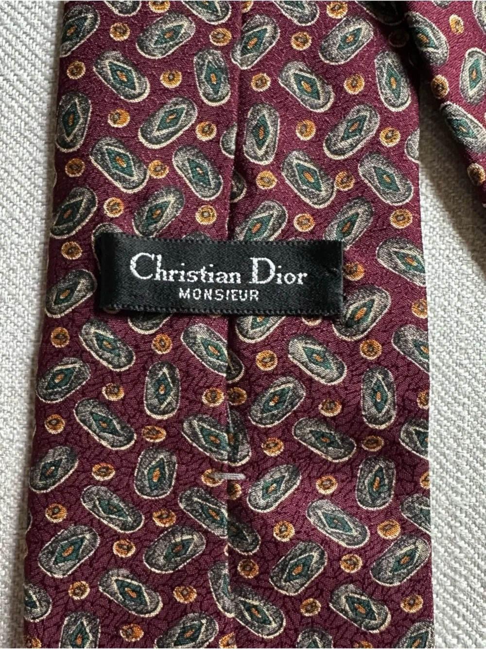 Dior Men's Burgundy Paisley Silk Tie with Green Accents